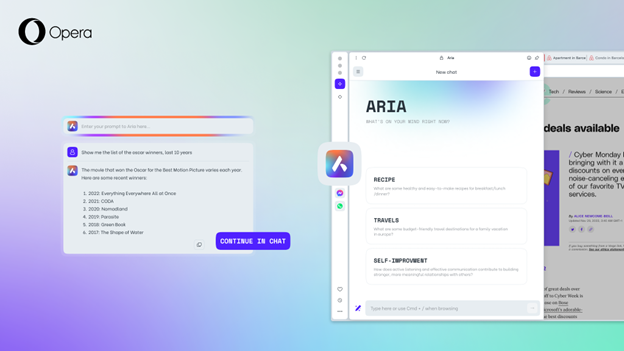 Aria, Opera's own built-in browser AI, enabling real-time web interactions and content generation